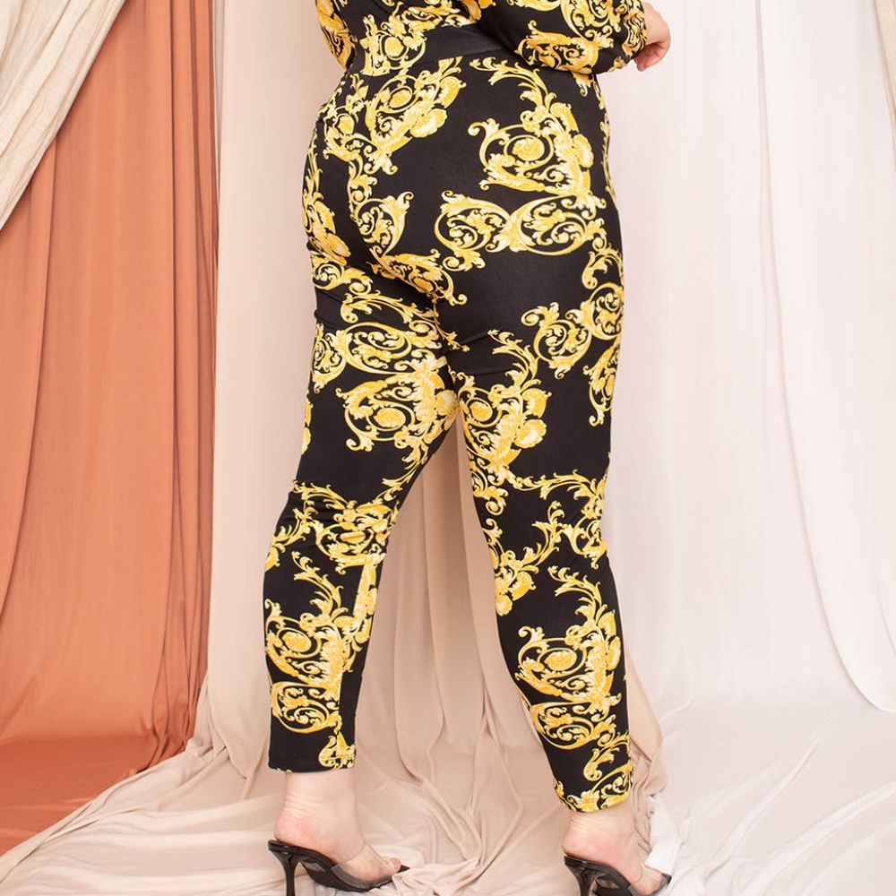 Gold Baroque Leaf Print Jumpsuit Dolman Sleeve - Picture 5 of 5